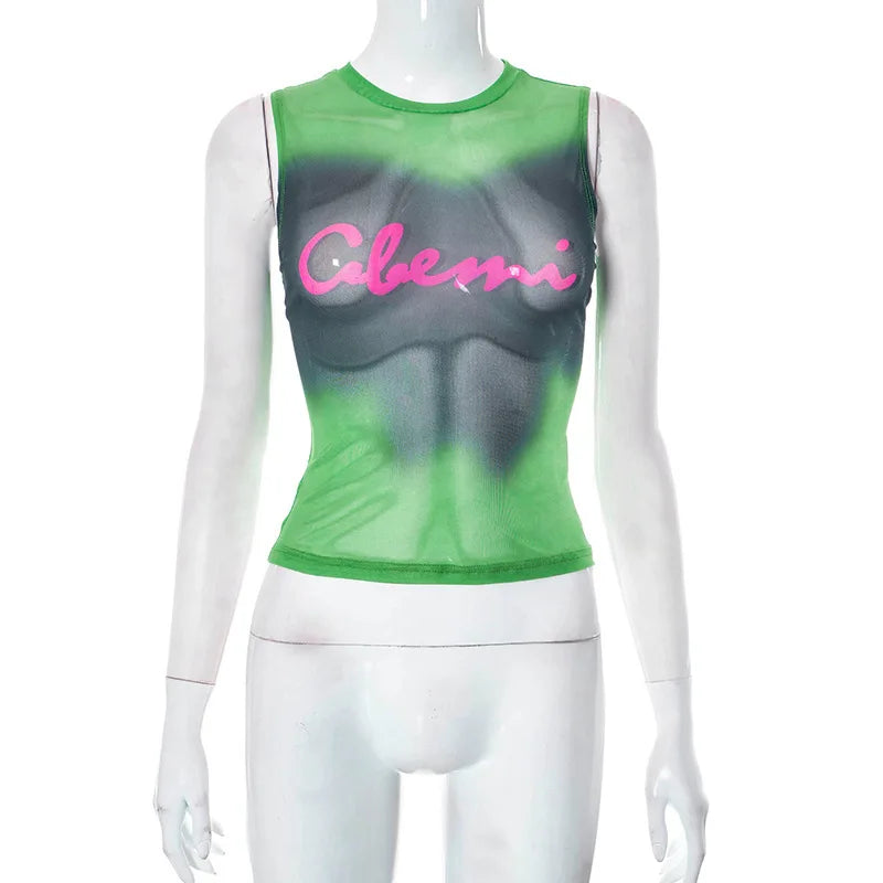Simenual Fairy Grunge Tie Dye Printed Sleeveless Tank Top Sexy Mesh See Through Crop Tops Women Hot Club Vest Y2K Slim Clothing