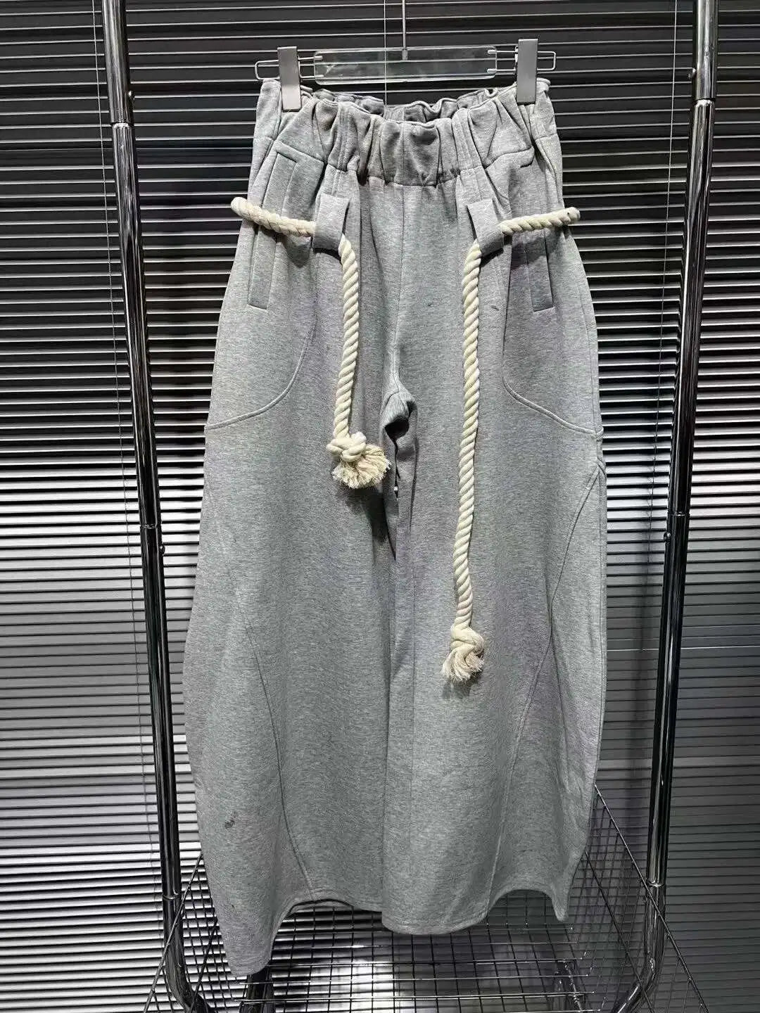 DEAT Fashion New Women's Cotton Rope Design Casual Pants 2024 Autumn Trendy Elastic High Waist Wide Leg Trousers Female 33A1851