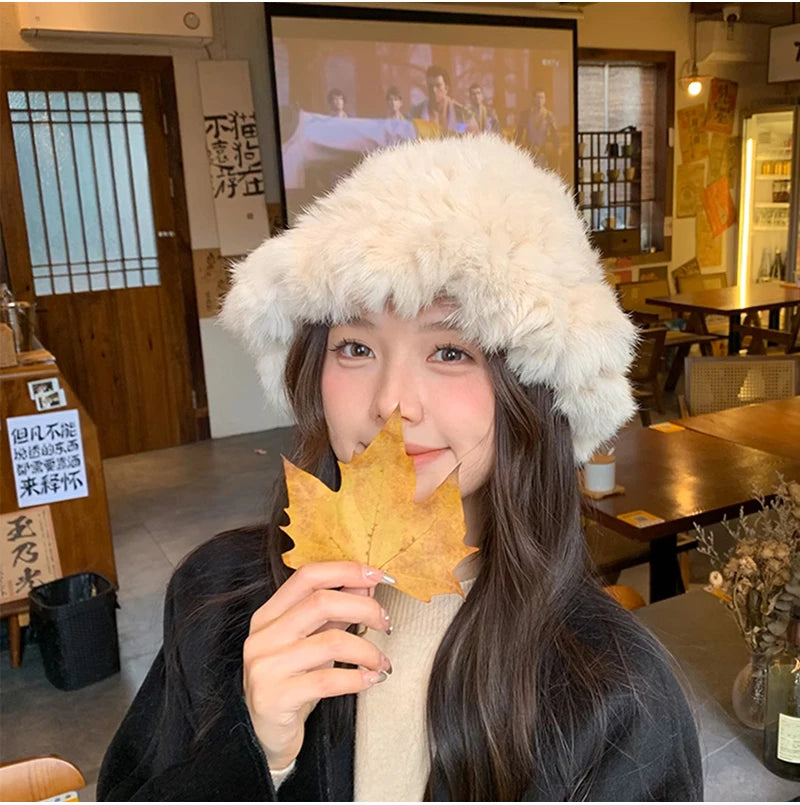 New Real Rabbit Fur Fisherman's Hat For Women Winter Warm Rabbit Fur Caps Soft Natural Rabbit Fur Hats Female Fashion Fur Cap