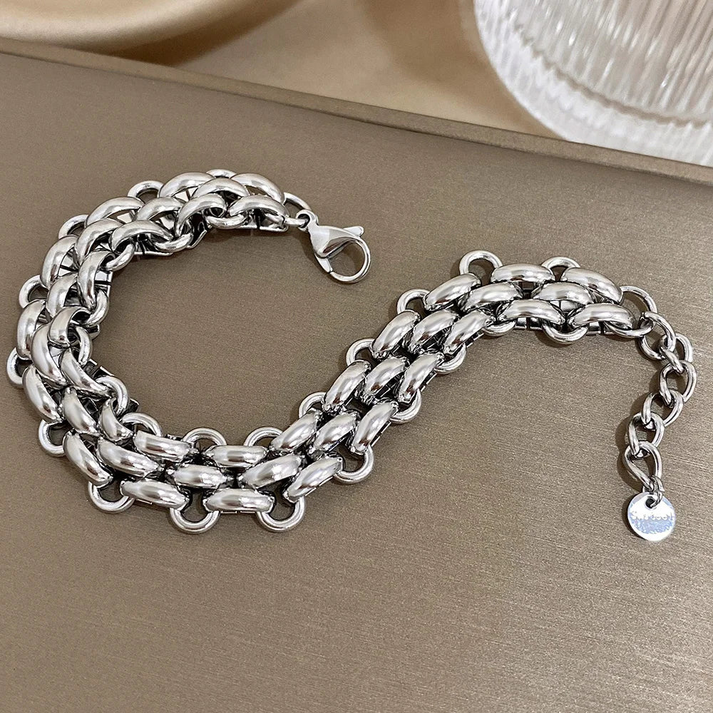 Trendy Stainless Steel Chunky Thick Chain Bracelet for Women Punk Statement Glossy Multilayer Link Bracelets Wristband Jewelry