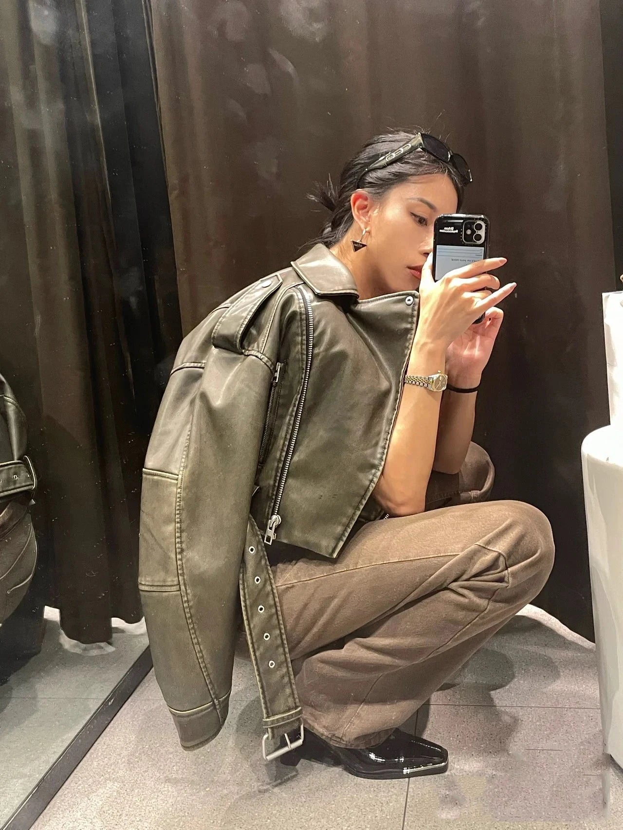 RARF Women's new vintage wash to do old short lapel long sleeve loose pu imitation leather jacket coat