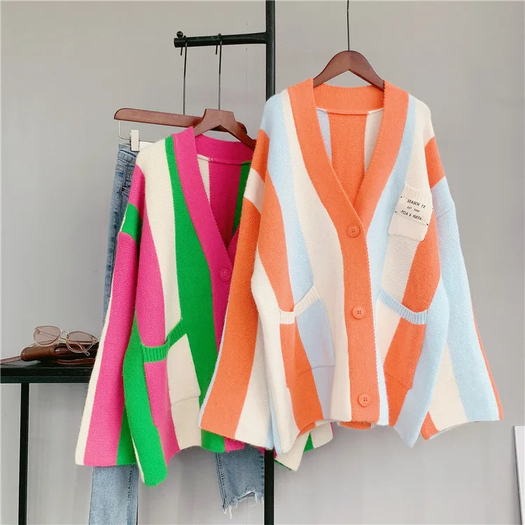 Joskaa Striped Patchwork Knitted Cardigan Women V-Neck Long Sleeve Single Breasted Sweater Coat Autumn 2023 Outwear Streetwear
