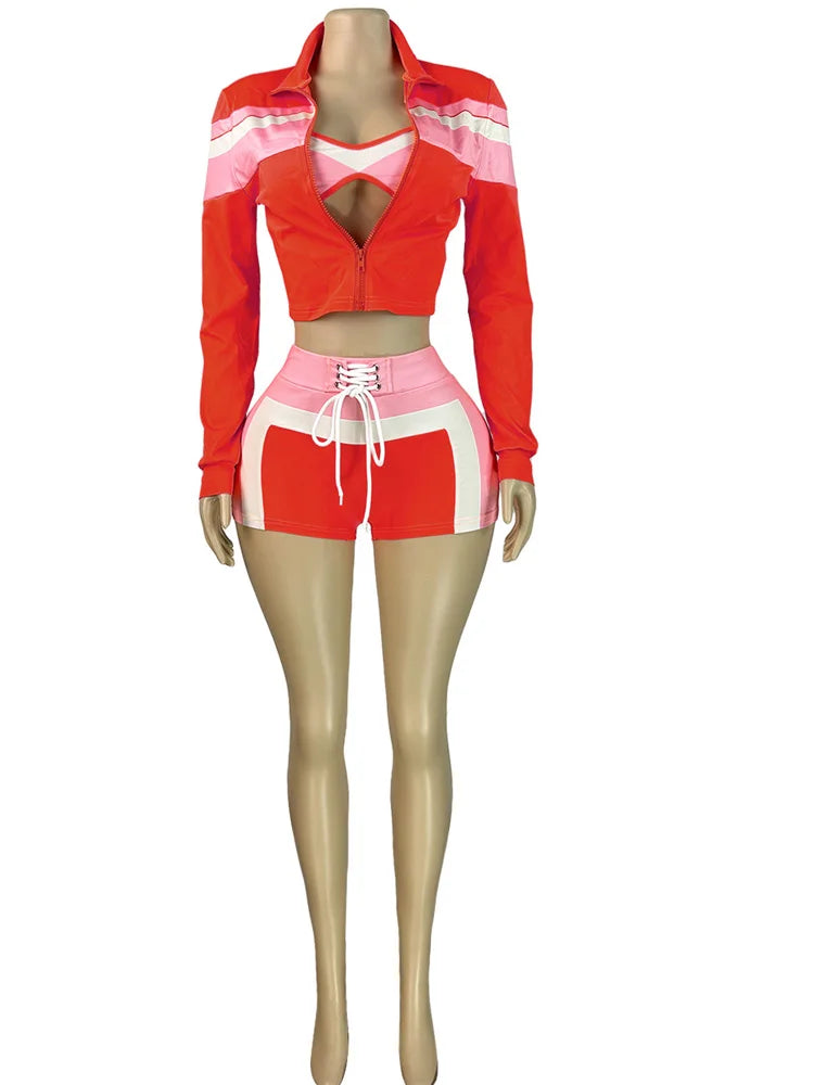 Beyprern Summer Red Color Block Tank Sweatshirt Shorts Set 3 Piece Outfits Women Lace-Up Bikini Set Swimsuits Night Clubwear
