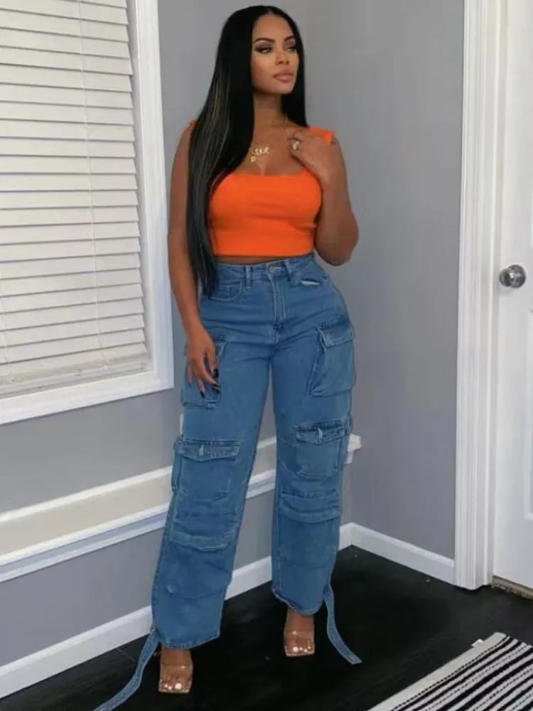 Joskaa Fashion Y2k Pockets Cargo Jeans Women Hipster High Waisted Straight Pants Fall 2023 Casual Denim Trousers Streetwear