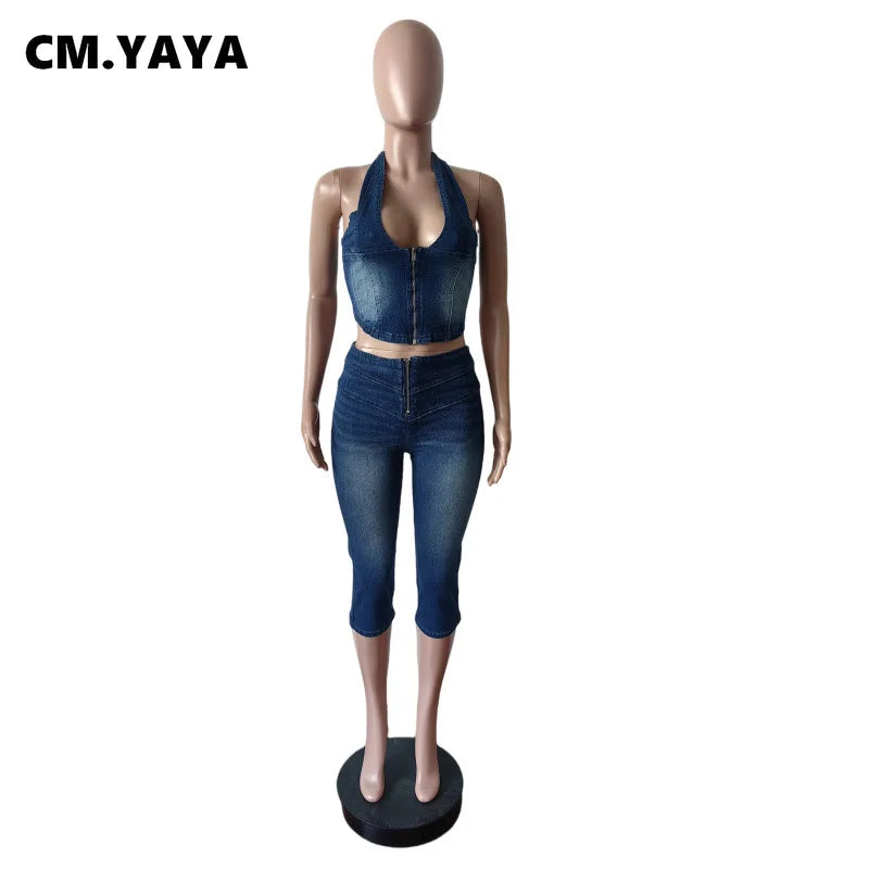 CM.YAYA Fashion ZIP Denim Women's Set sleeveless Crop Top and Calf Length Jeans Pants 2025 Two 2 Piece Sets Outfits Tracksuit