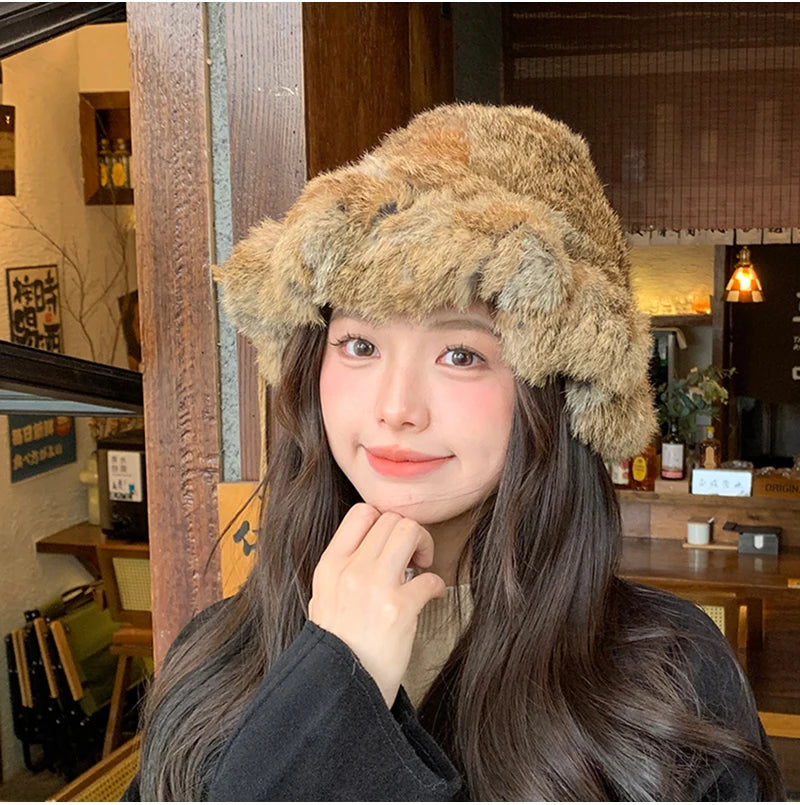 New Real Rabbit Fur Fisherman's Hat For Women Winter Warm Rabbit Fur Caps Soft Natural Rabbit Fur Hats Female Fashion Fur Cap
