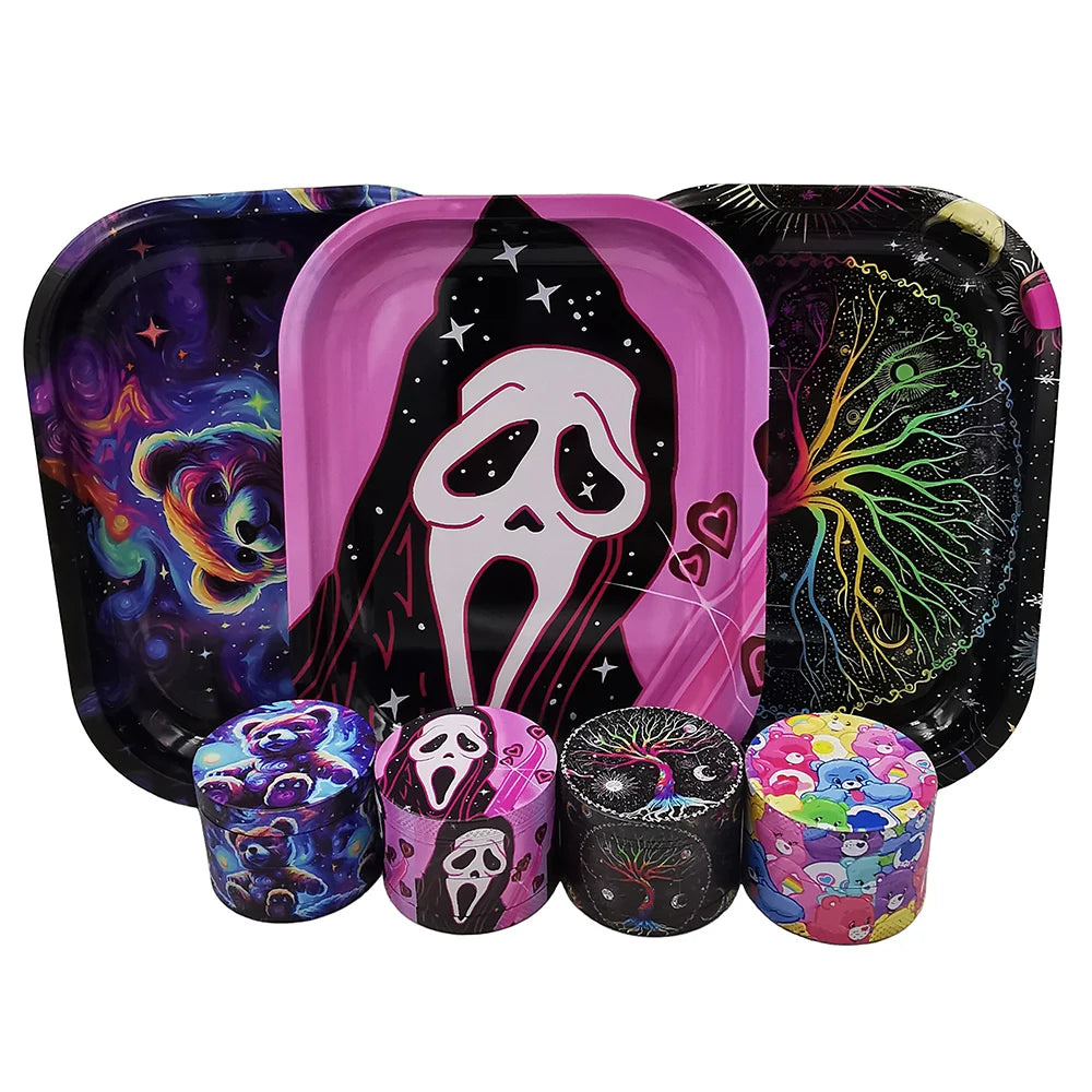 Herb Grinder With Rolling Tray 180*140MM Tobacco Smoke Roller 50MM Grinder 4 layers Kit Bear Ghost Print
