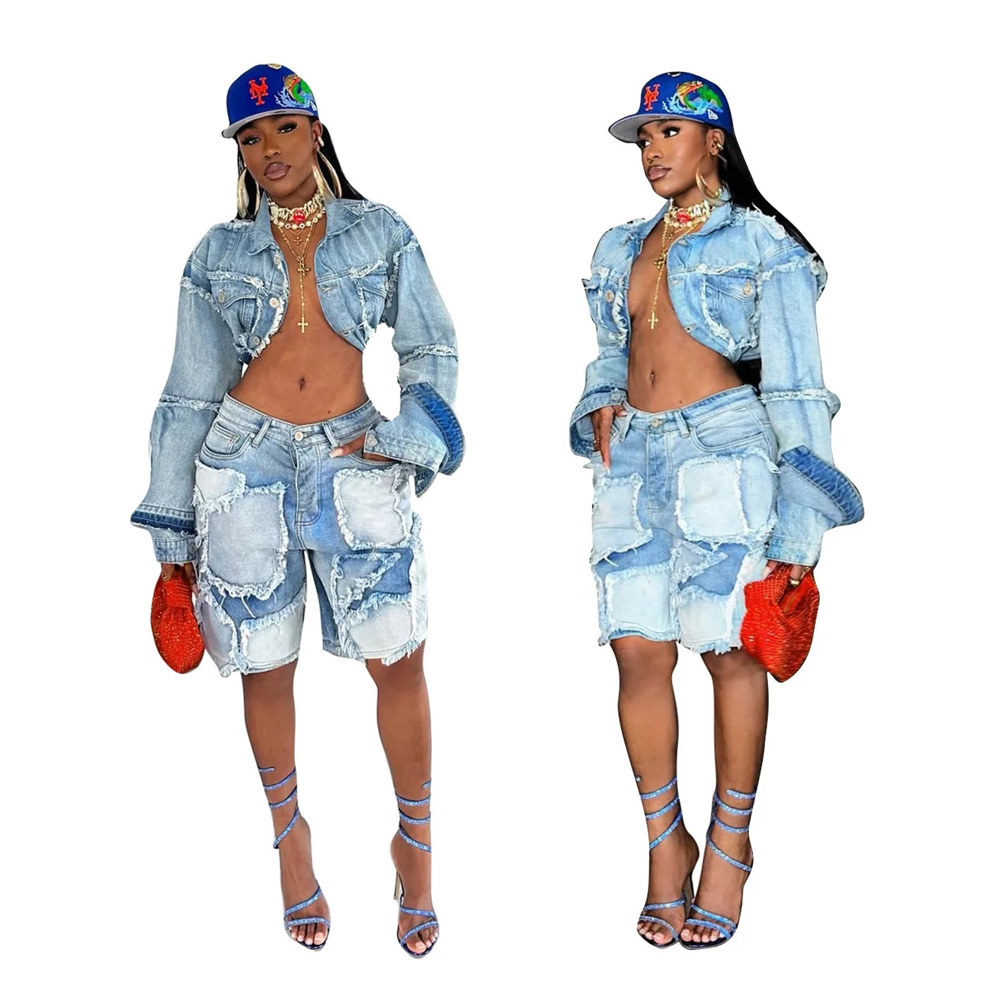 FAGADOER Summer New Fashion Denim 2 Piece Sets Woman Outfit Long Sleeves Patchwork Crop Jacket + Short Female Streetwear New