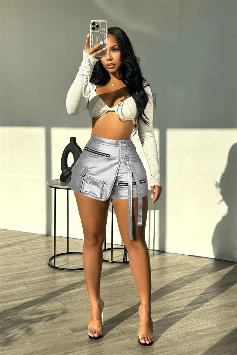 Shiny Metallic Irregular Shorts Skirts Women Y2K Clothing High Waist Button Fly Pockets Party Club Birthday Pantalones Cortos