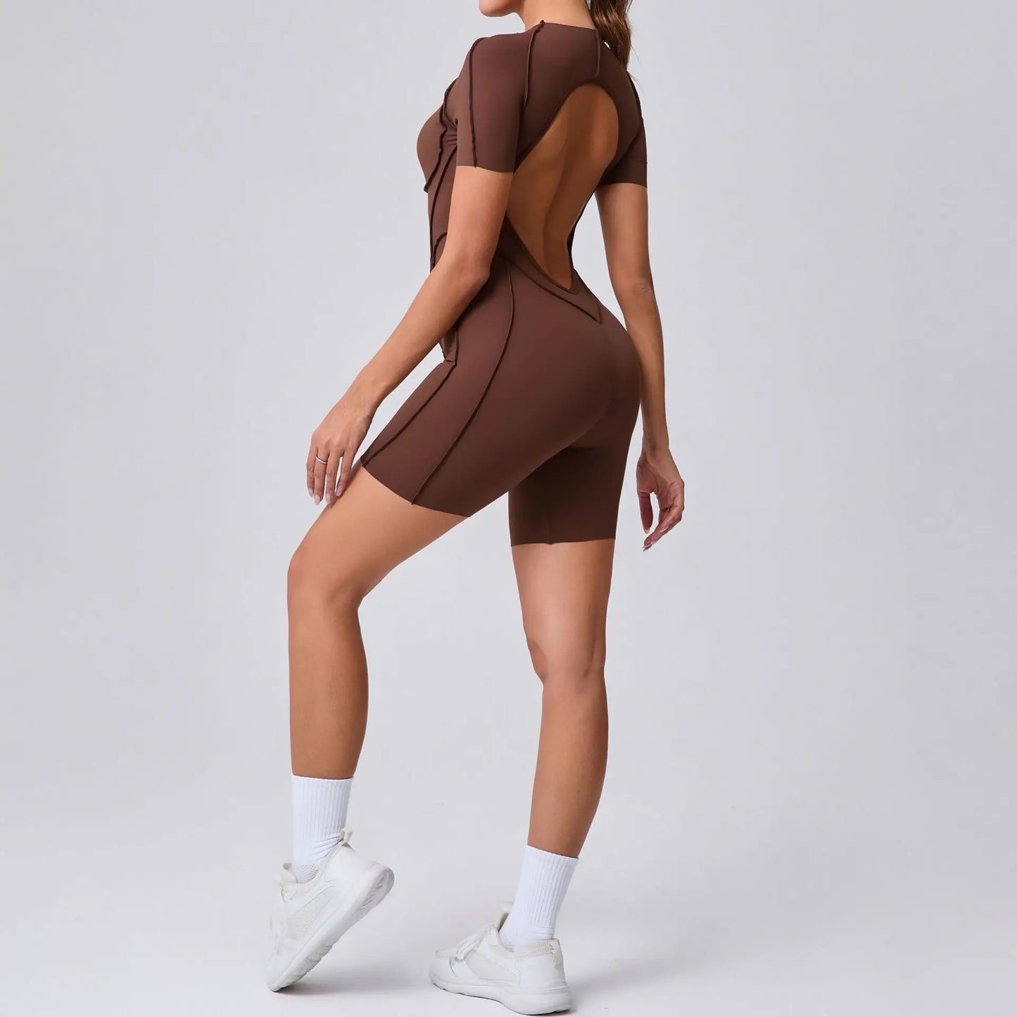 Customized LOGO women's three-dimensional aesthetic sports one-piece yoga clothes tight short-sleeved hollow back onesie