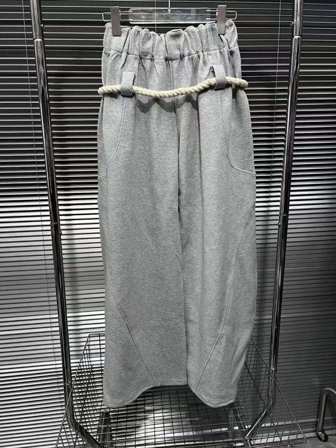 DEAT Fashion New Women's Cotton Rope Design Casual Pants 2024 Autumn Trendy Elastic High Waist Wide Leg Trousers Female 33A1851