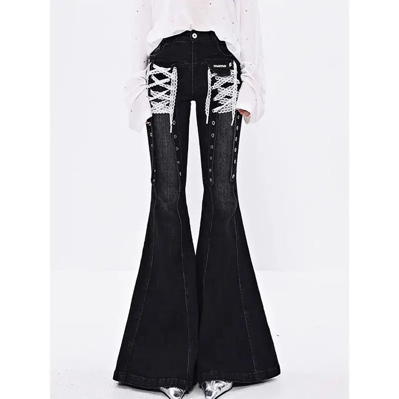 European White Y2k Lace Strap Micro Flared Jeans for Women Hot Girls Street Low Waist Slim Fit and Slimming Floor Length Pants