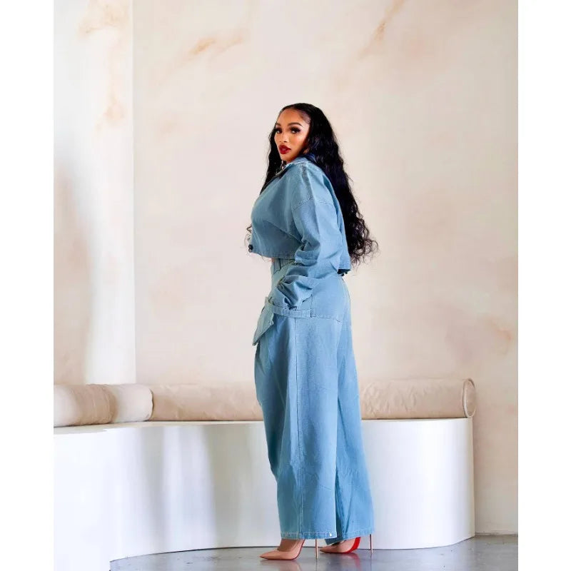 Casual Loose Denim Two Piece Set for Women Streetwear 2023 Autumn Zipper High Collar Crop Top Elastic Waist Wide Leg Cargo Pants