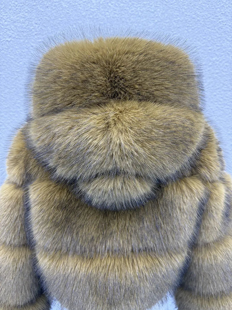 S-6XL Women Coat Autumn Winter Short Hooded Faux Fox Fur Coat Thick Warm Outerwear Fake Fur Woman Jackets Ladies Furry Coats