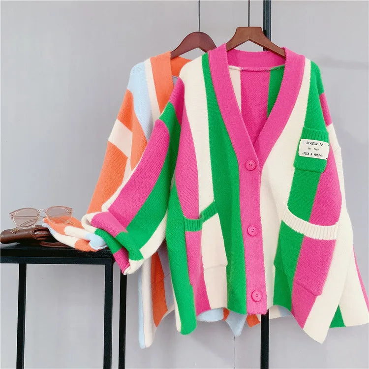 Joskaa Striped Patchwork Knitted Cardigan Women V-Neck Long Sleeve Single Breasted Sweater Coat Autumn 2023 Outwear Streetwear