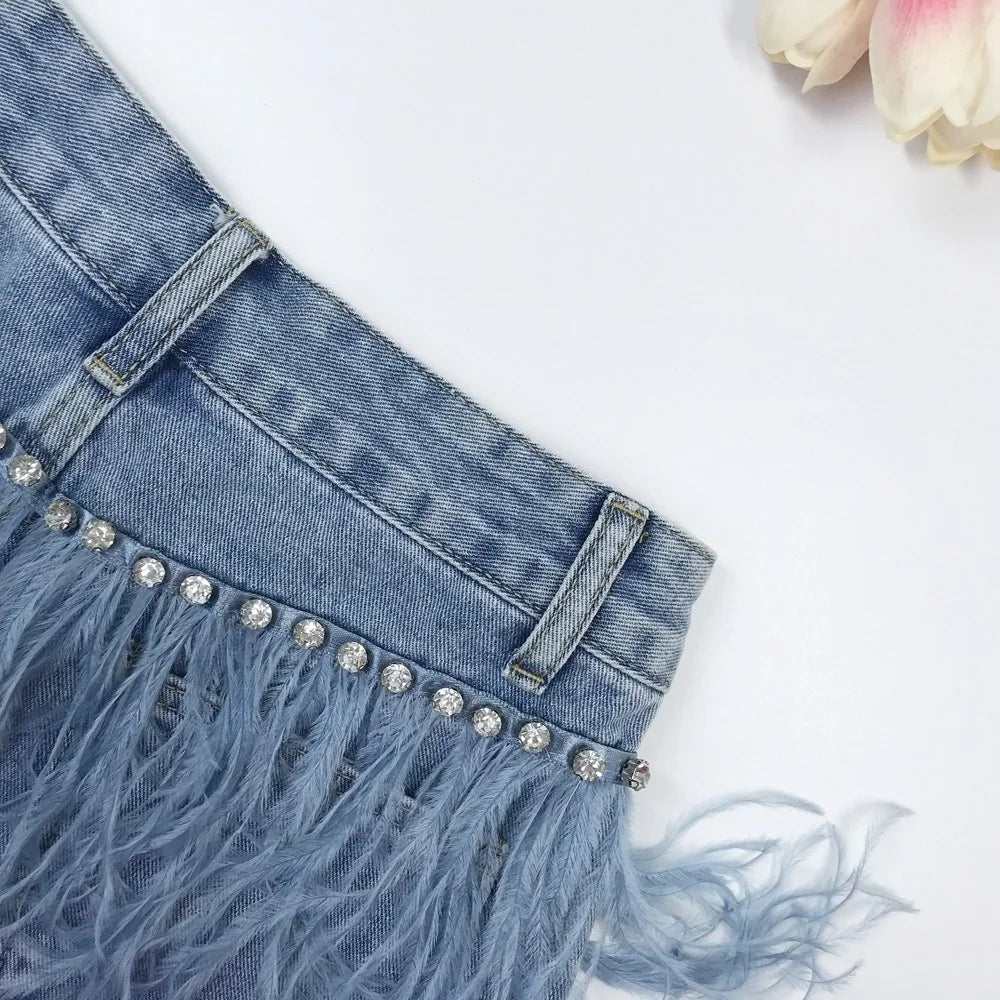 Rhinestone Beaded Exquisite Feather High Waist Denim for Women's Blue Jeans Shorts DS Nightclub Sexy Hot Pants Fashion