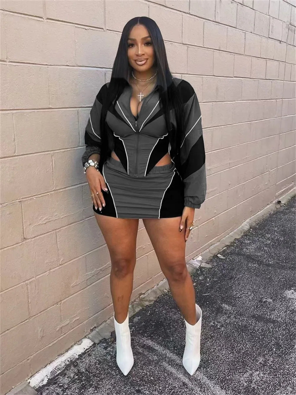 FLARORA Fashion Patchwork 2Pcs Sets Woman Long Sleeve Zipper Irregular Crop Jacket And Skinny Mini Skirts Streetwear Outfits New