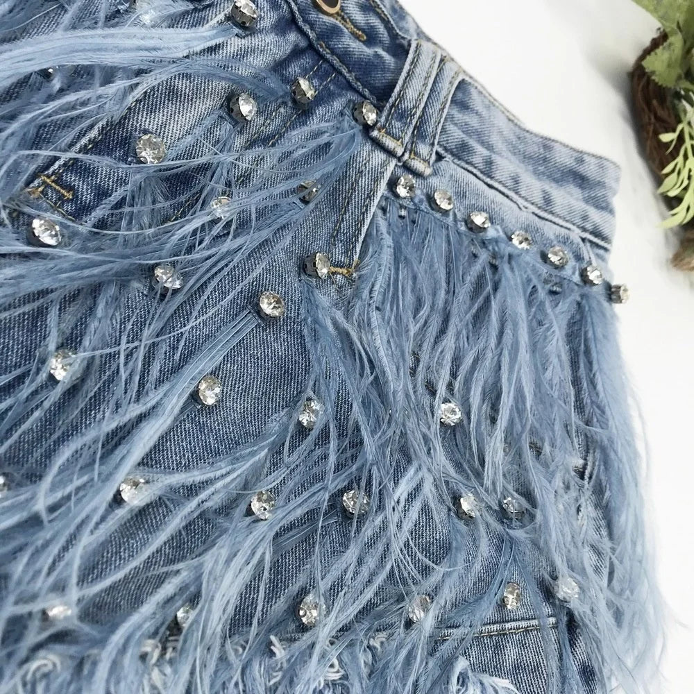 Rhinestone Beaded Exquisite Feather High Waist Denim for Women's Blue Jeans Shorts DS Nightclub Sexy Hot Pants Fashion