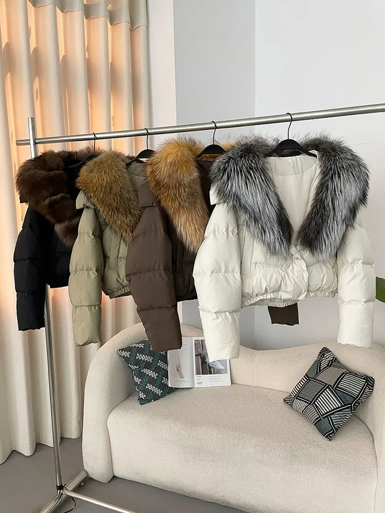 OFTBUY 2025 Big Natural Real Fox Fur Coat Women Autumn Winter Female 90% White Duck Down Jacket Feather Short Coat Thick Warm