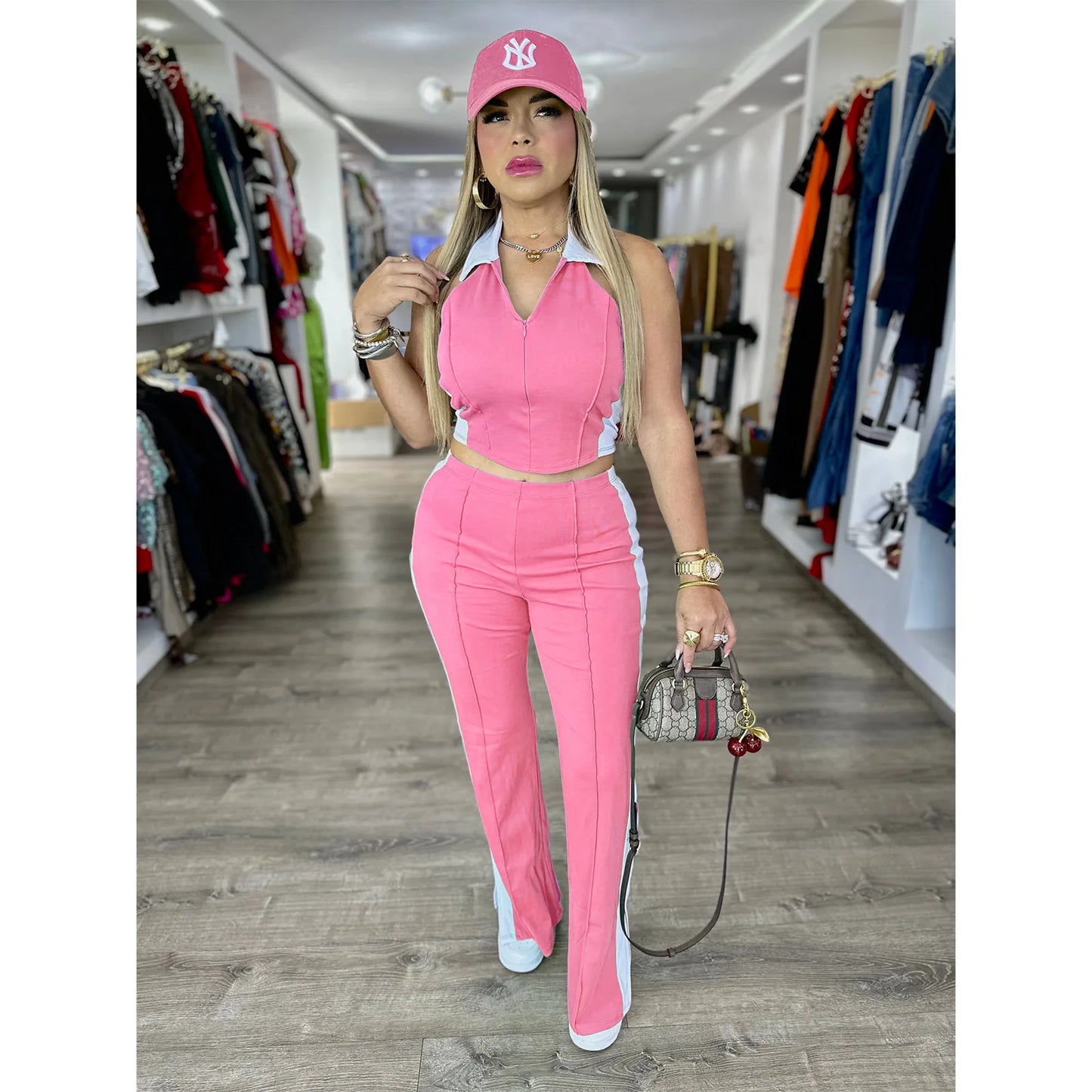 CM.YAYA Sporty Patchwork Women's Set Sleeveless Polo-tank Tops and Slit Flare Pants 2025 Active Two 2 Piece Set Outfit Tracksuit