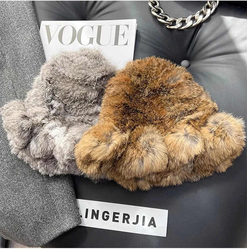 New Real Rabbit Fur Fisherman's Hat For Women Winter Warm Rabbit Fur Caps Soft Natural Rabbit Fur Hats Female Fashion Fur Cap