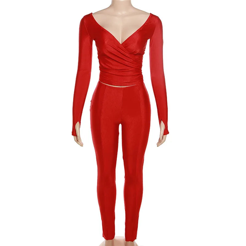 Simenual Casual Skinny Women Two Piece Set Sexy Deep V Crop Tops High Waist Pants Cyber Y2K Outfits Slim Co Ord Suits Streetwear