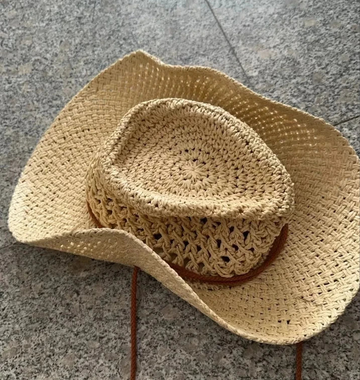 Vintage Western Cowboy Sun Hat Men Women Straw Hat Outdoor Travel Ethnic Style Gift UV Protection Cap Chapeau Beach Hat