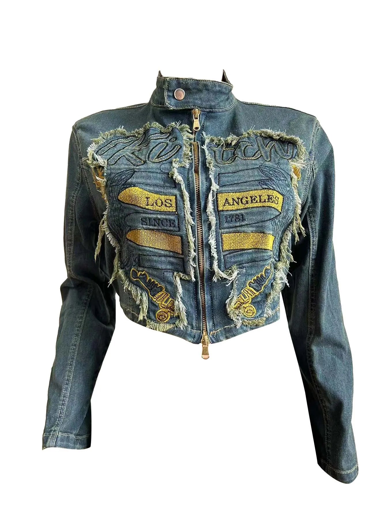 CM.YAYA Denim Women's Set Letter Embroidery Full Sleeve Jacket and Pleated Skirts Suits Streetwear Sexy Two 2 Piece Set Outfits