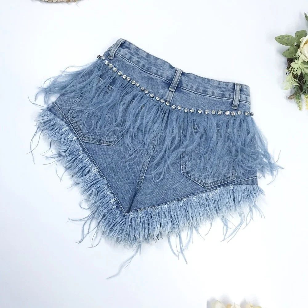 Rhinestone Beaded Exquisite Feather High Waist Denim for Women's Blue Jeans Shorts DS Nightclub Sexy Hot Pants Fashion