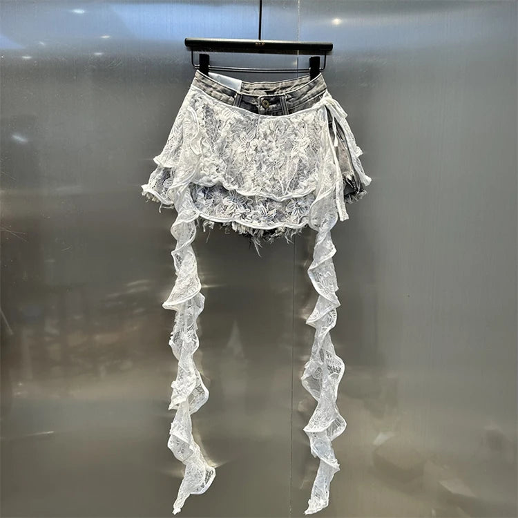 Ruffle Leaf Edge Irregular Curtain Skirt Sweet A Line Skirt Lace Splicing Denim Shorts Street Hipster Denim Shorts Women