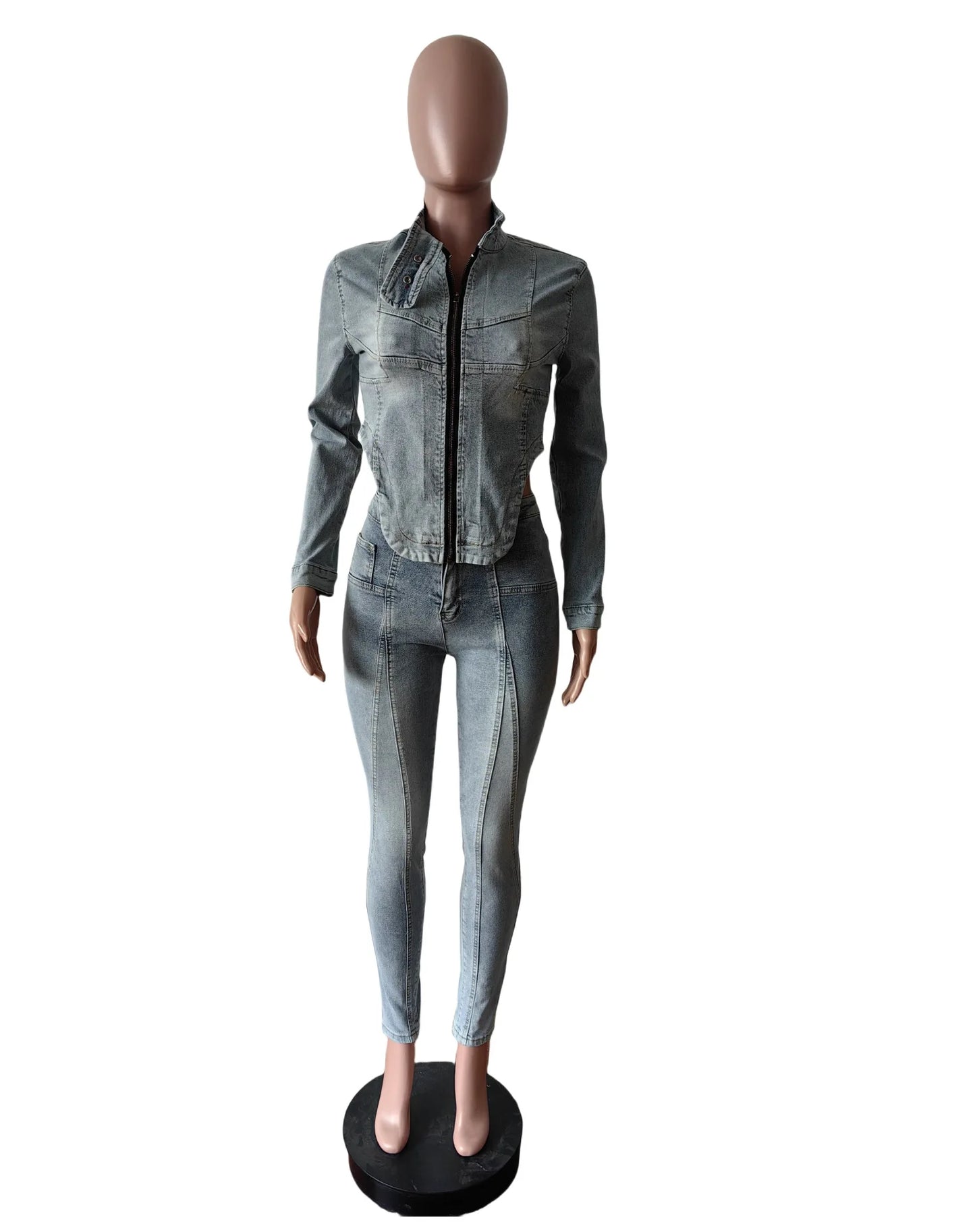 CM.YAYA Fashion Denim Women's Set Full Sleeve V-neck Jacket +Jeans Pants 2024 Fall Streetwear Two 2 Piece Sets Outfit Tracksuit