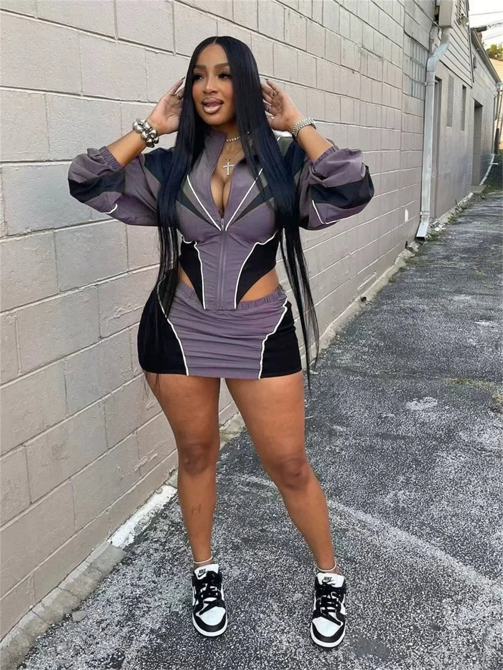 FLARORA Fashion Patchwork 2Pcs Sets Woman Long Sleeve Zipper Irregular Crop Jacket And Skinny Mini Skirts Streetwear Outfits New
