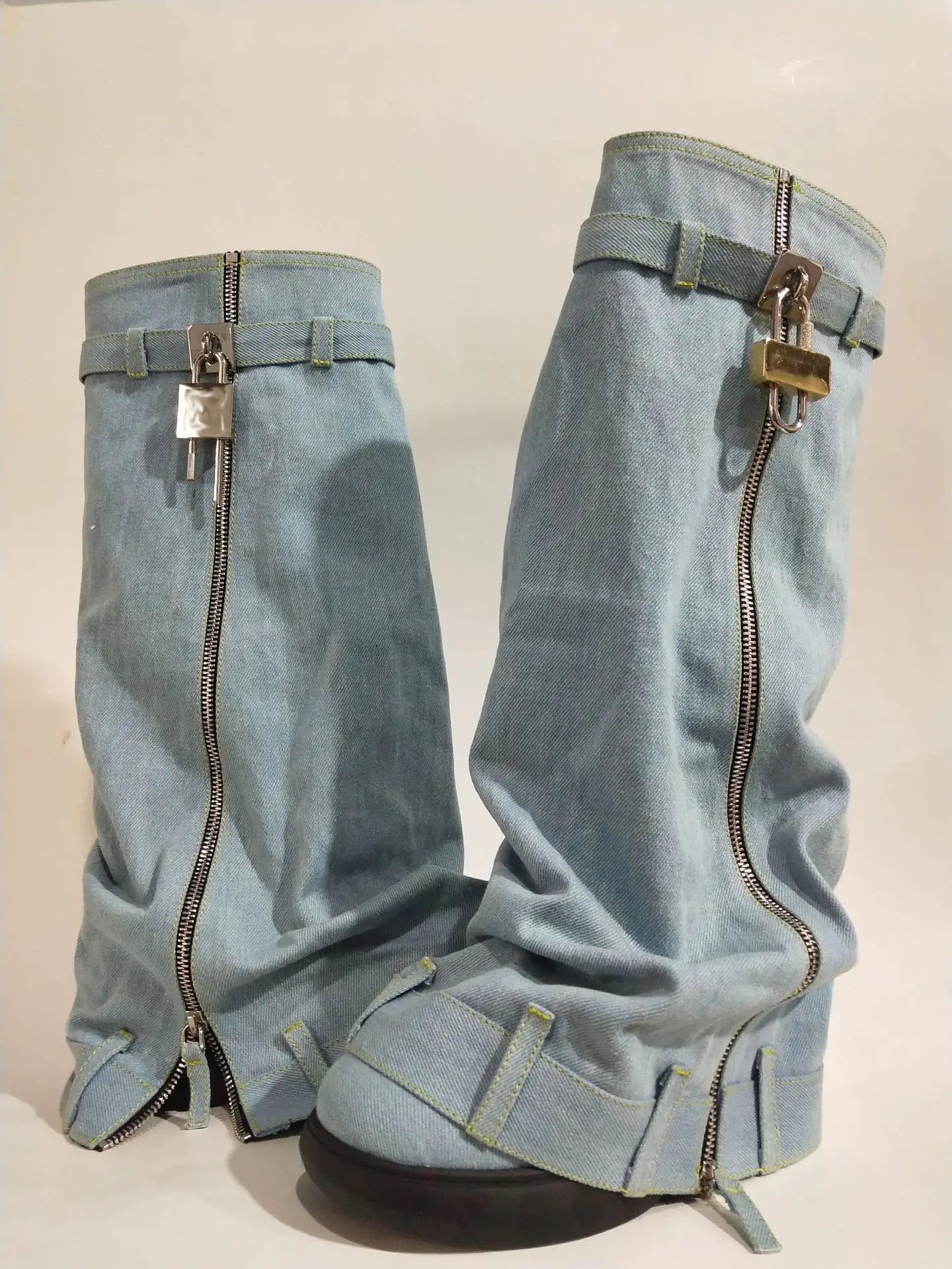 Denim Boots Sporty Women's Patchwork Light Metal Lock Knee High Booties Slip On Foldable Sneakers Round Toe Flat Heighten Shoes