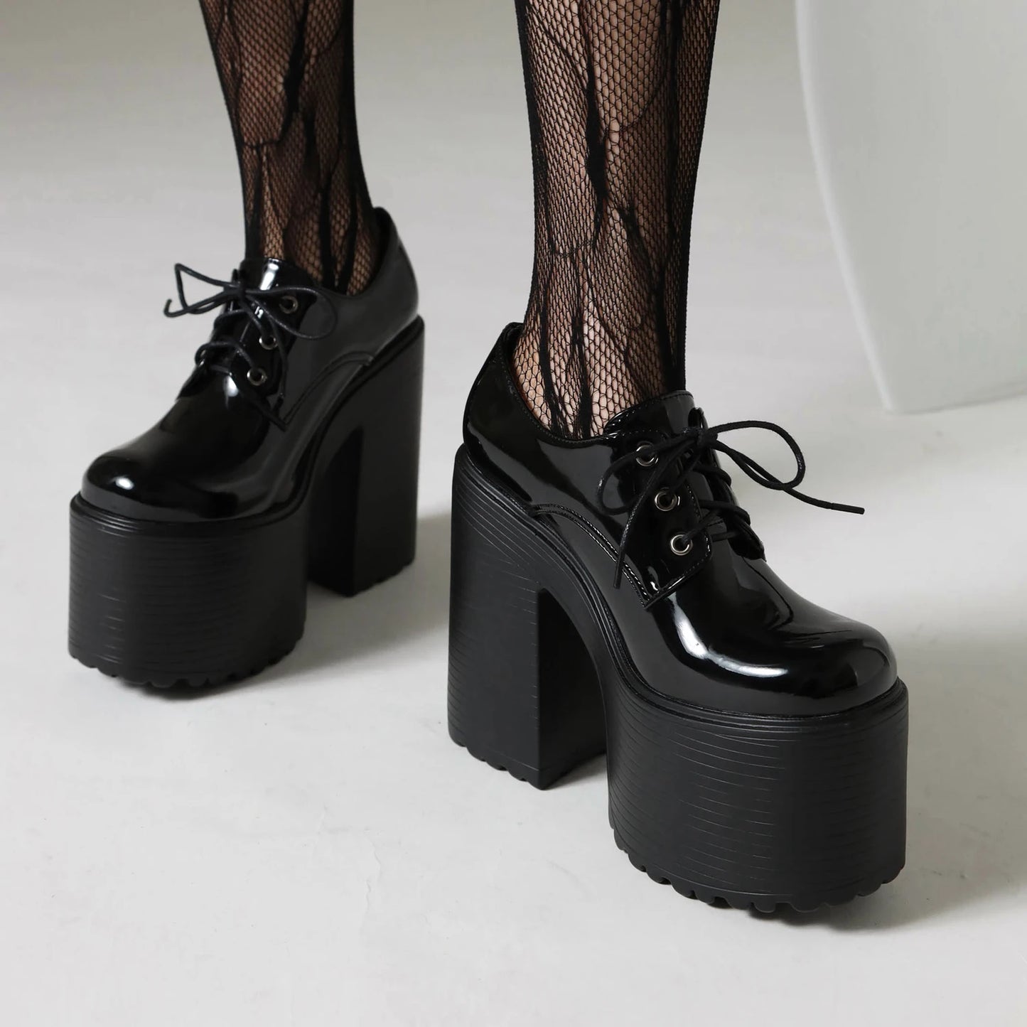 Ultra High Waterproof Platform Shiny Patent Leather Lace Up Women's Pumps Breathable Lining Thick Heels Punk Trendy High Heels