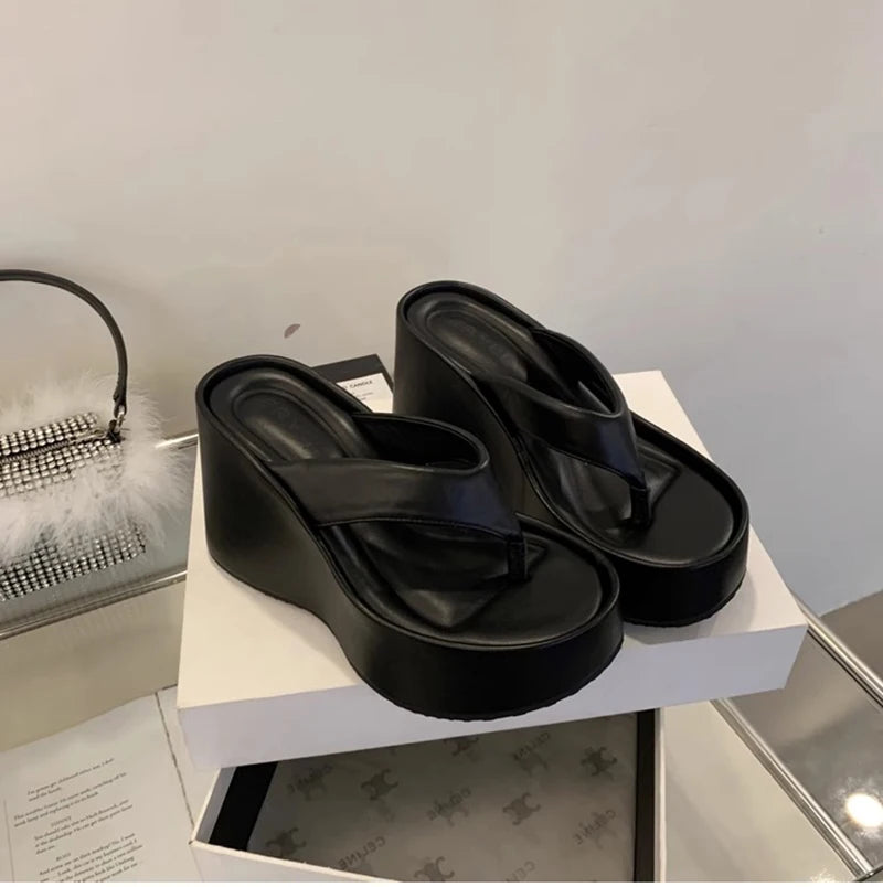 Design Summer Chunky Woman Slippers Fashion Platform Wedges High Heel Silvery Ladies Shoes Zapatillas De Mujer