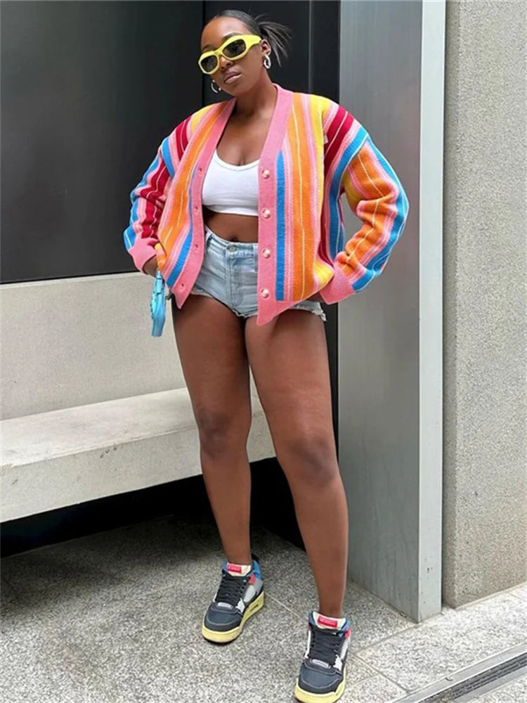 Whatiwear Colorful Striped Sweater Woman Y2K Trend Single-Breasted Long Sleeve Street Hipster Wild Loose Classic Cardigan Coats