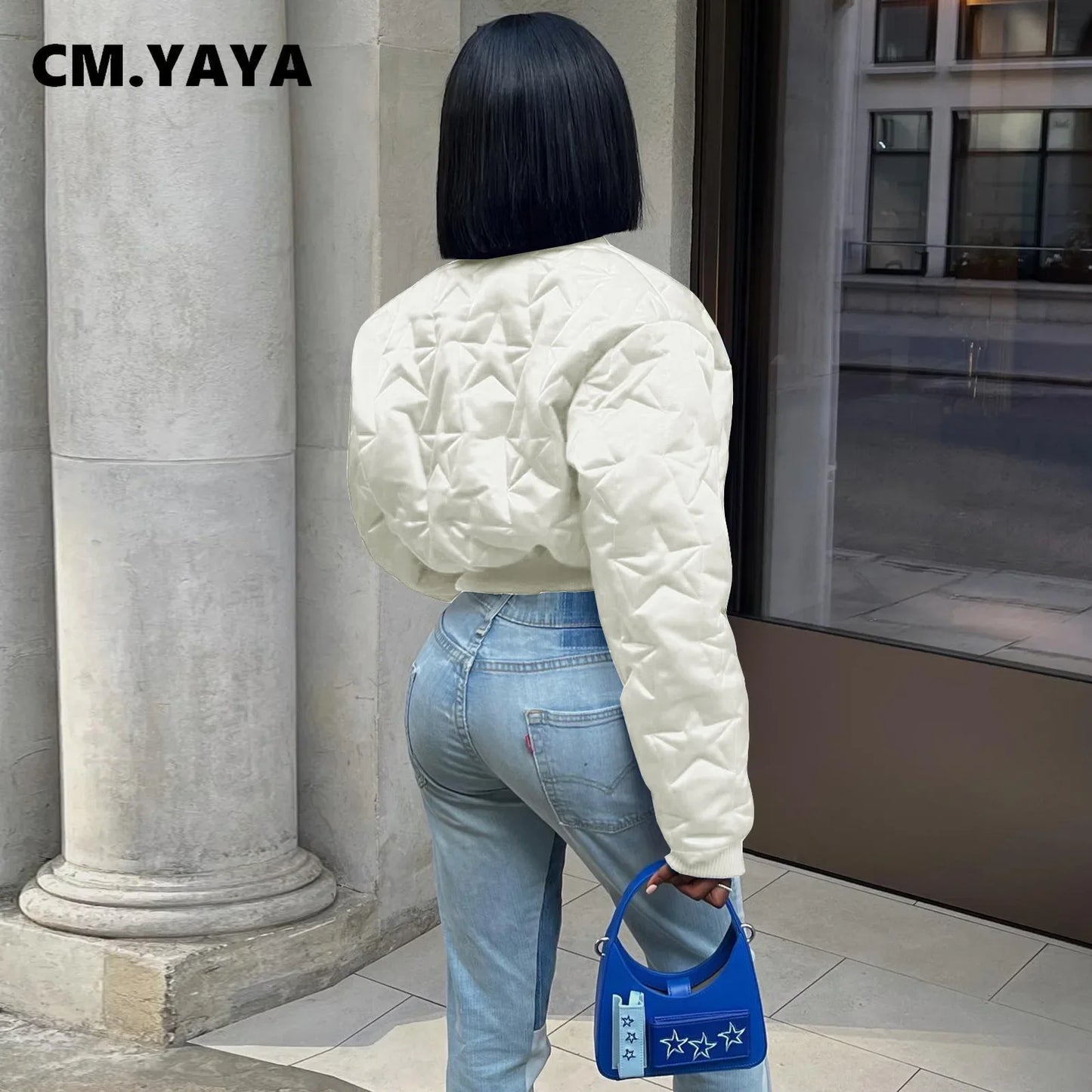 CM.YAYA Women Long Sleeve Star Zipper Fly Baseball Style Parkas Jackets 2023 Autumn Winter Keep Warm Outcoats Jacket