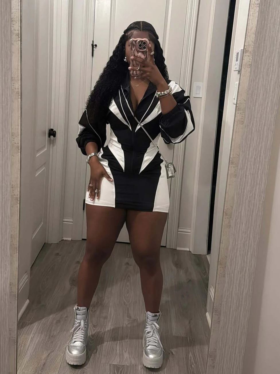 FLARORA Fashion Patchwork 2Pcs Sets Woman Long Sleeve Zipper Irregular Crop Jacket And Skinny Mini Skirts Streetwear Outfits New