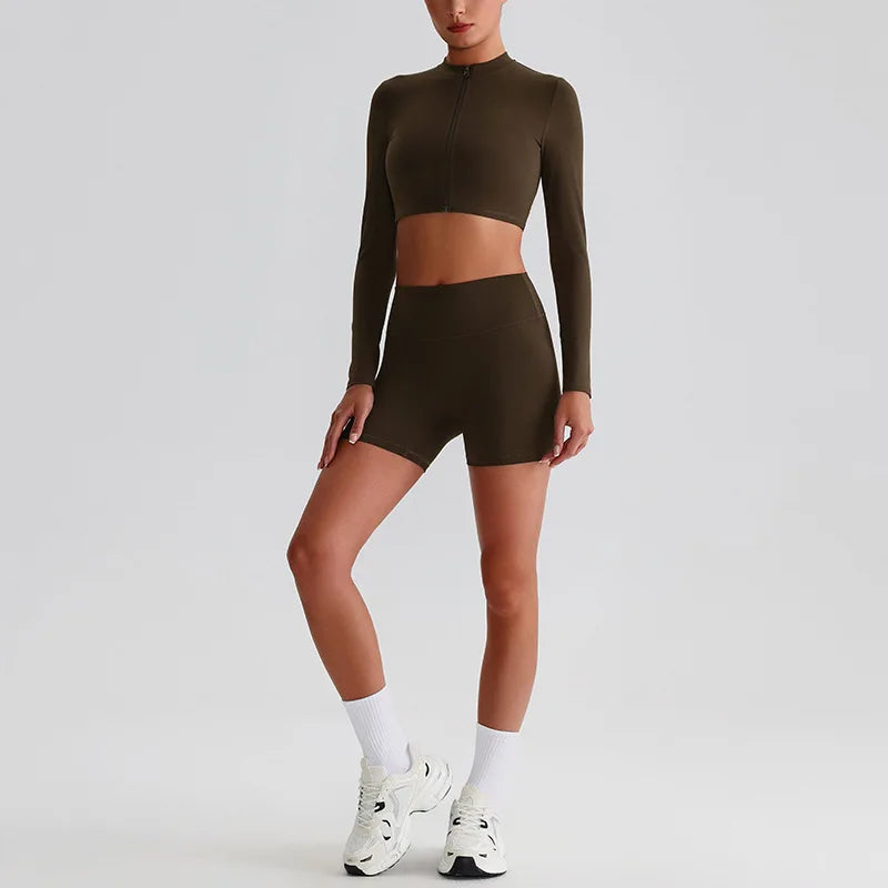 Customized LOGO Women's Skin-friendly Sports Yoga Clothing Slim Elastic Jacket Fitness Shorts Long Sleeve Two-piece Set