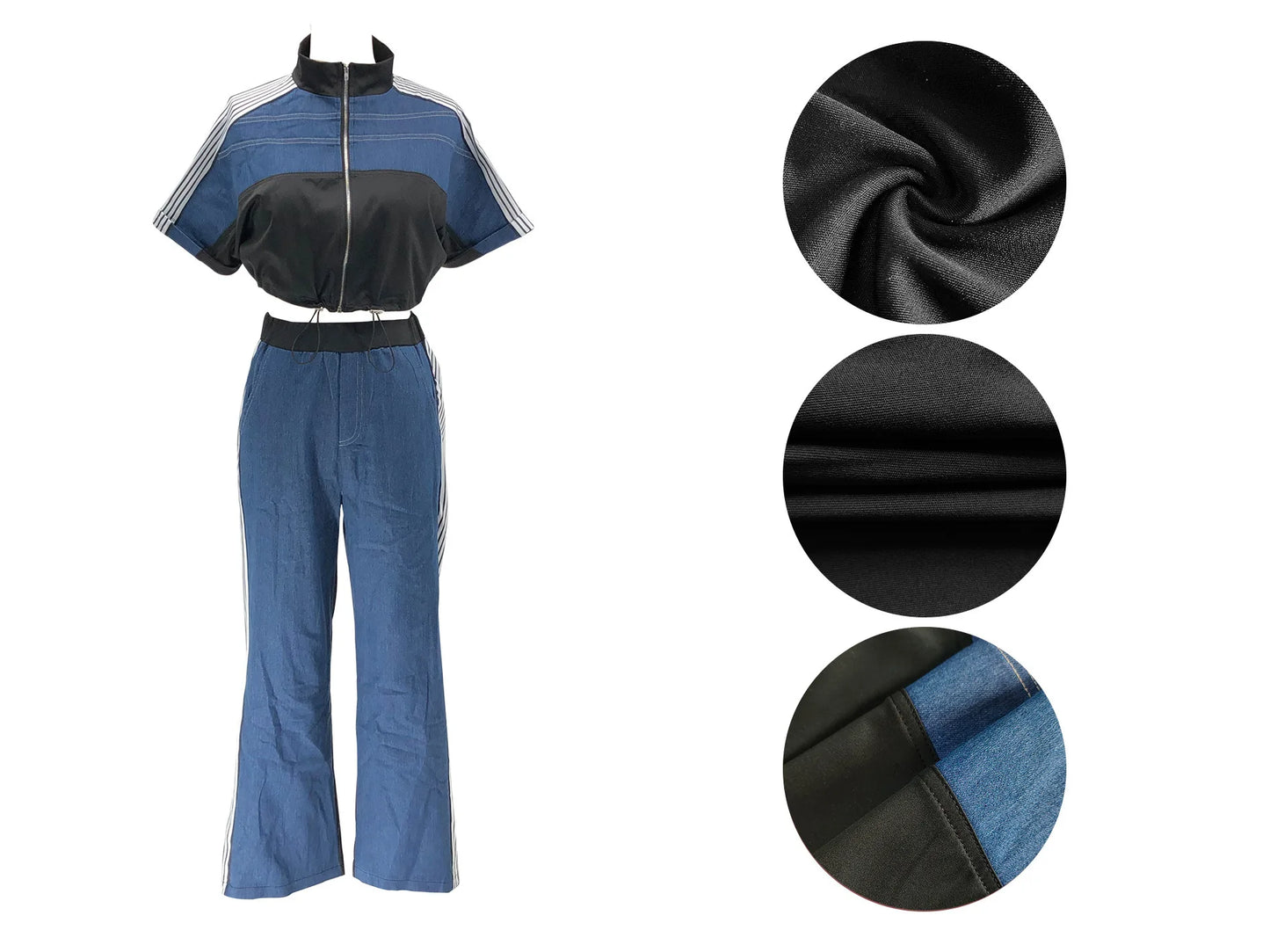 Pant Set Women Two Piece Sets Denim Matching Sets Jogger Tracksuit Matching Sets Zipper Tops Wide Leg Long Pants Elastic Waist