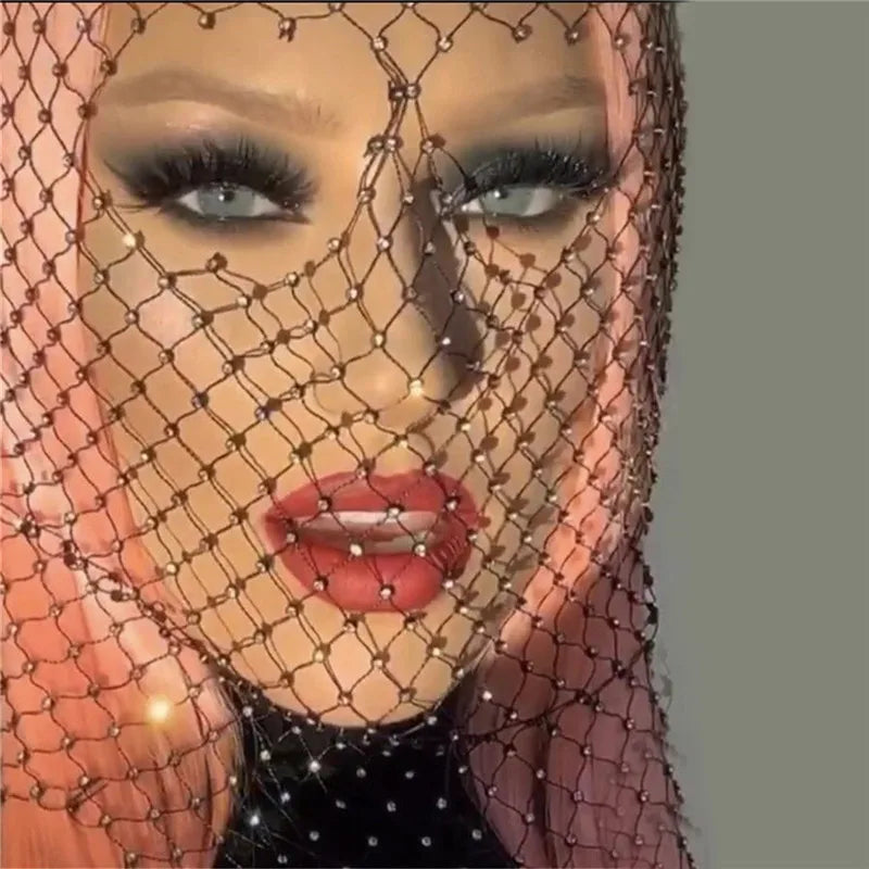 Women Balaclava Elastic Rhinestone Turban Ladies Shining Fishnet Headhood Club Rave Party Head Mask Diamond Headwrap Headcover