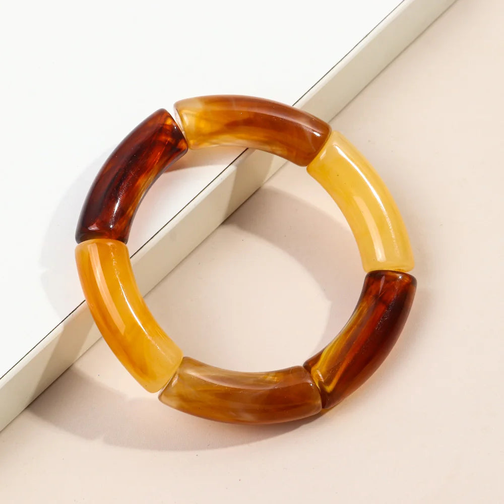FishSheep Trendy Acrylic Stacked Bamboo Beads Bangles Bracelets for Women Bohemian Resin Elastic Beaded Bracelets Set Jewelry