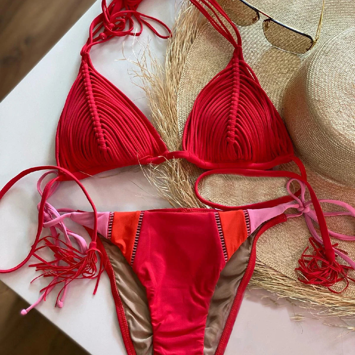 Two Pieces Bikini Set Crochet Swimsuit Women Sexy Swimwear Female Red Brazilian Biquini High Cut Bathing Suit Bodysuit Beachwear