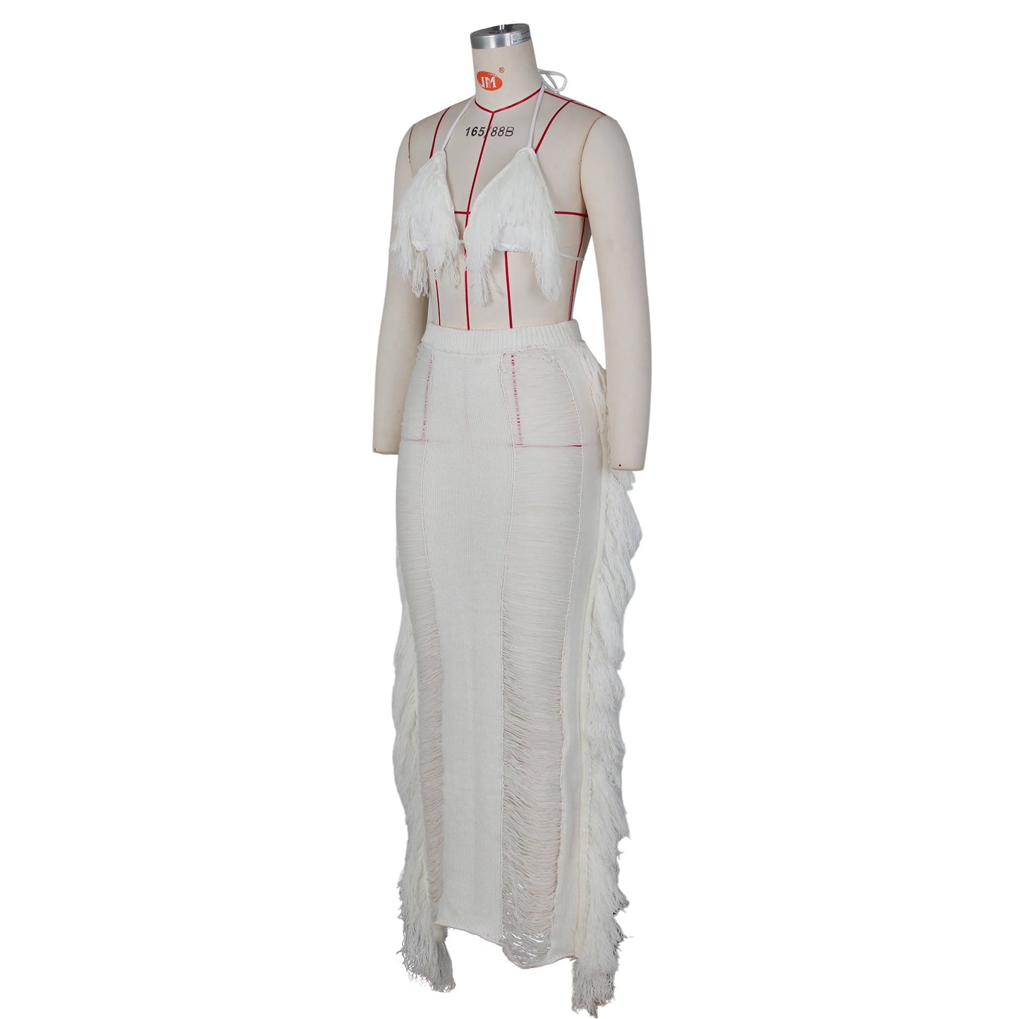 JRRY Sexy Women Knitted Set Halter Backless Crop Top Tassel Skirt Crochet Two Pieces Set Hollow Out Crocheted Beach Dress Set