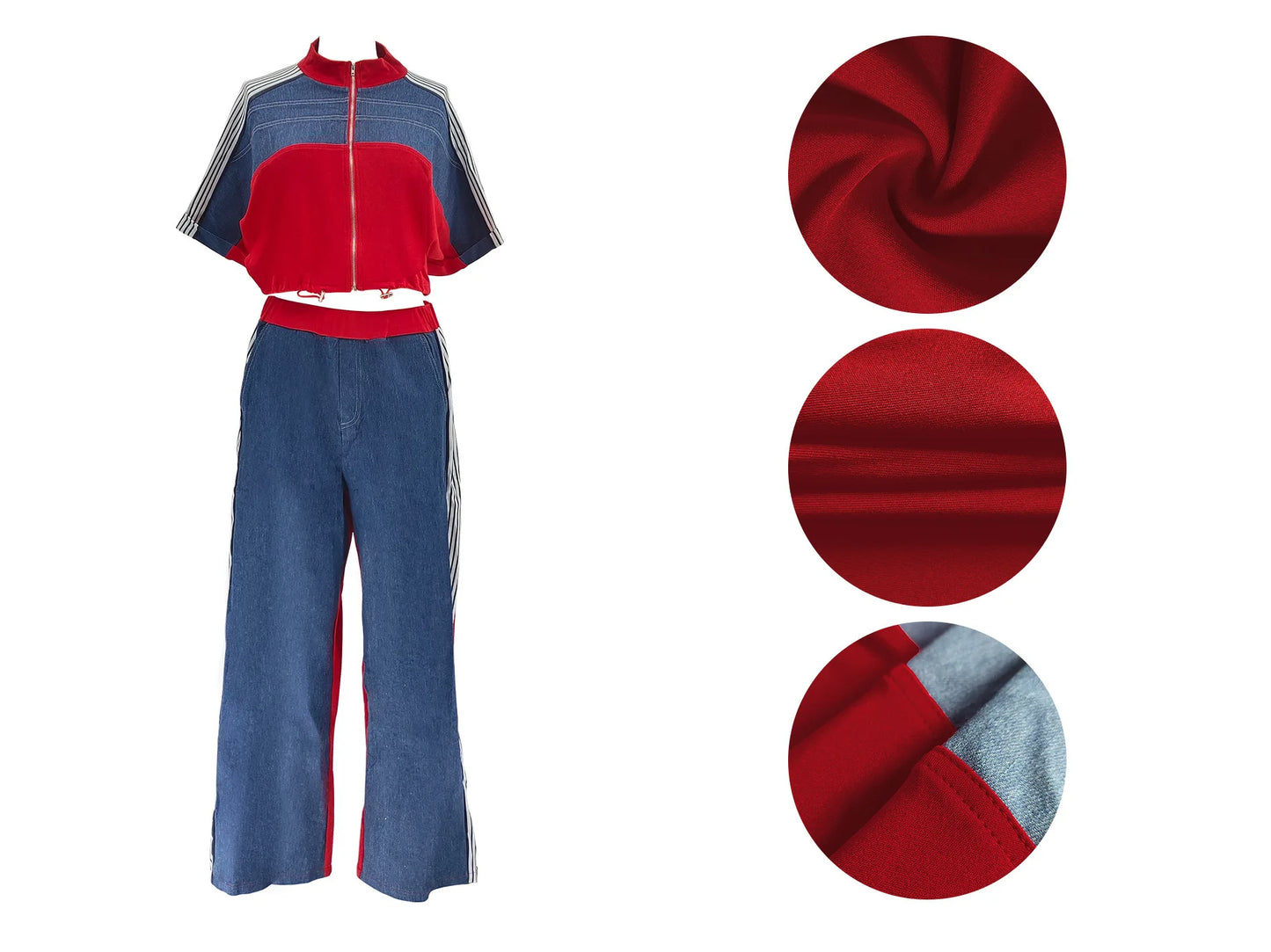 Pant Set Women Two Piece Sets Denim Matching Sets Jogger Tracksuit Matching Sets Zipper Tops Wide Leg Long Pants Elastic Waist