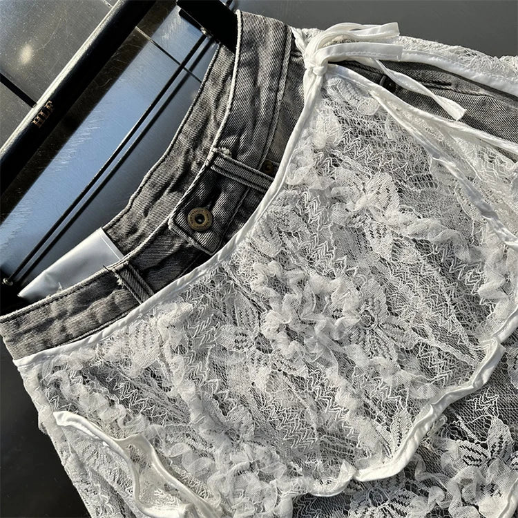 Ruffle Leaf Edge Irregular Curtain Skirt Sweet A Line Skirt Lace Splicing Denim Shorts Street Hipster Denim Shorts Women