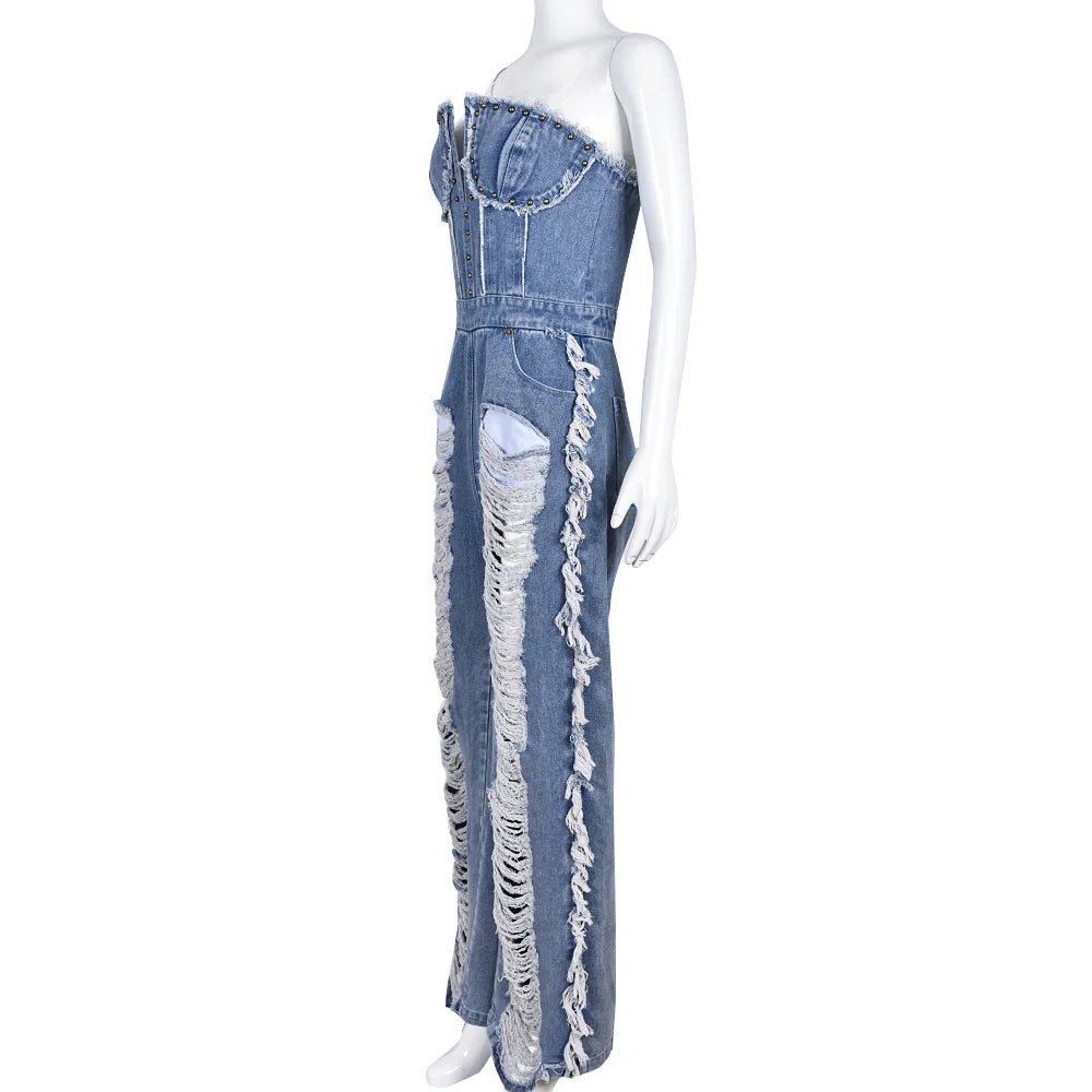 Sibybo Tassel Hollow Out Overalls For Women Studded Diamond Strapless Backless Jeans Street Fashion Trend Jumpsuite Femme