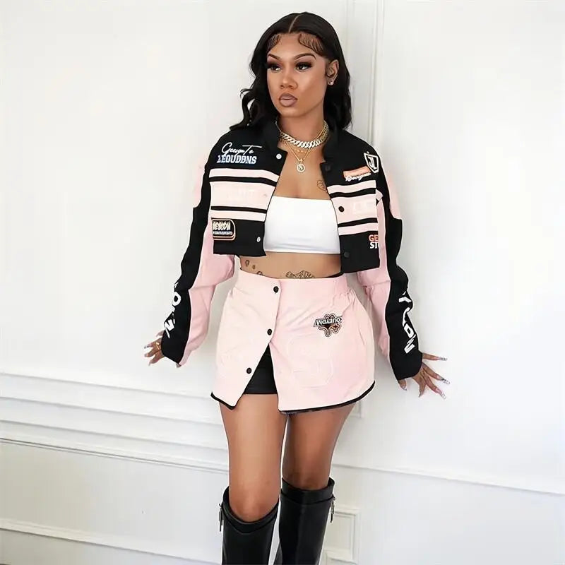 HLJ Letter Print Two Piece Outfits 2023 Autumn Winter Casual Sporty Baseball Coat Skirts Suits Detachable Buttons Y2k Streetwear