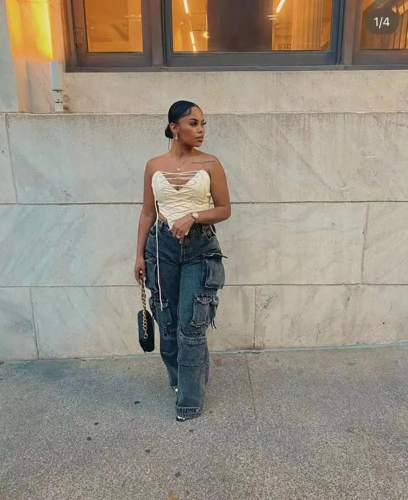 Joskaa Fashion Y2k Pockets Cargo Jeans Women Hipster High Waisted Straight Pants Fall 2023 Casual Denim Trousers Streetwear