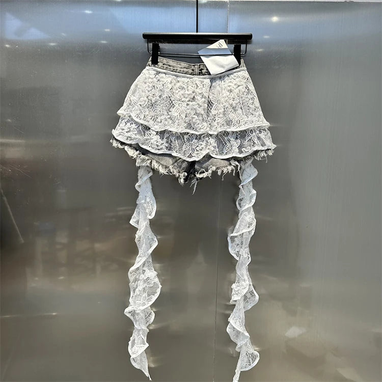 Ruffle Leaf Edge Irregular Curtain Skirt Sweet A Line Skirt Lace Splicing Denim Shorts Street Hipster Denim Shorts Women